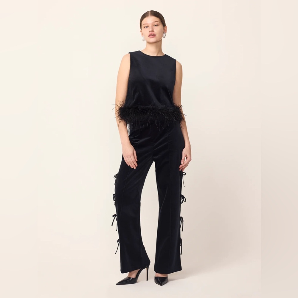 KITRI Women's Rosamund Velvet Trouser with Satin Ties on Outer Edge‎ in Black.
